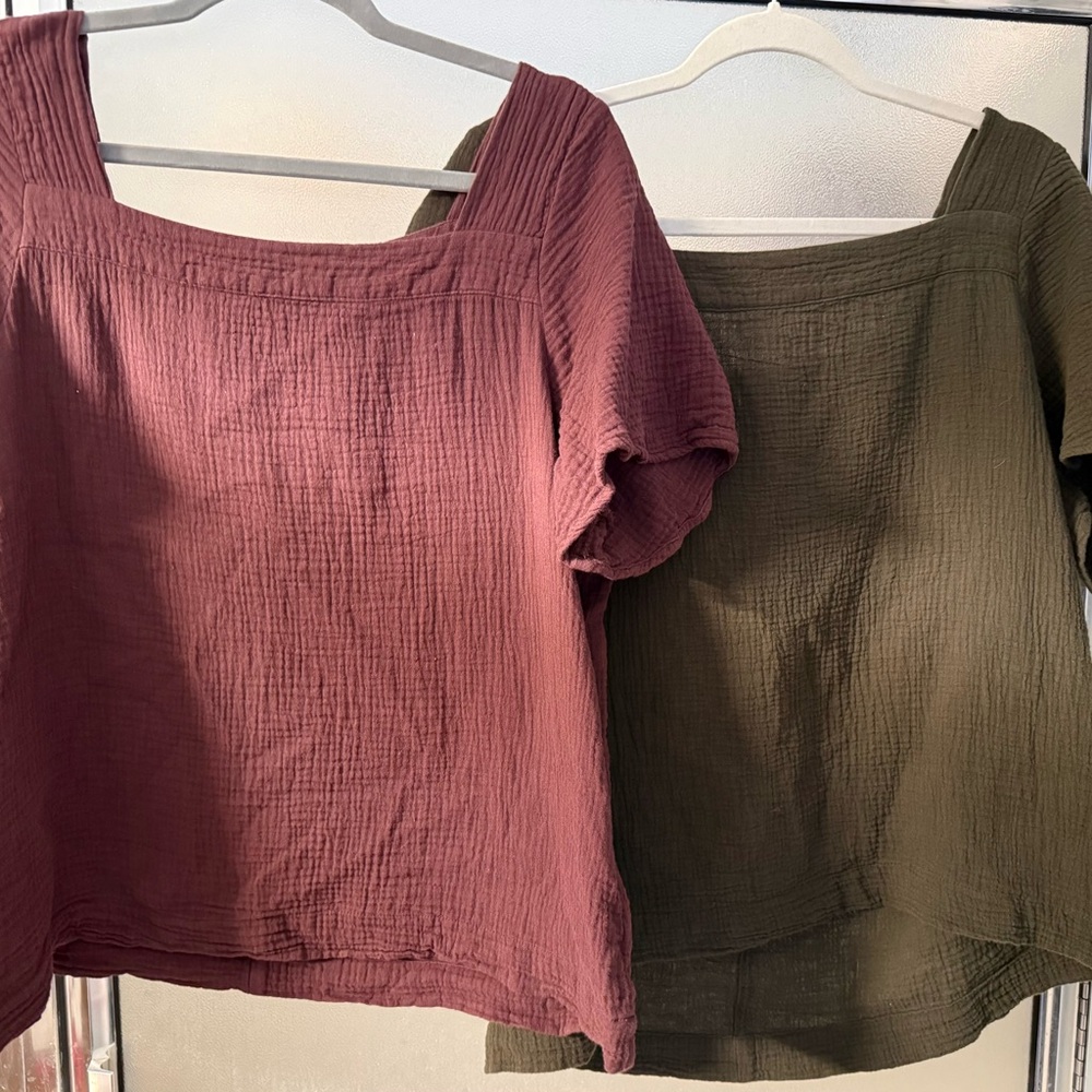 Madewell Harlow Square Neck Textured Tops - Mauve and Olive